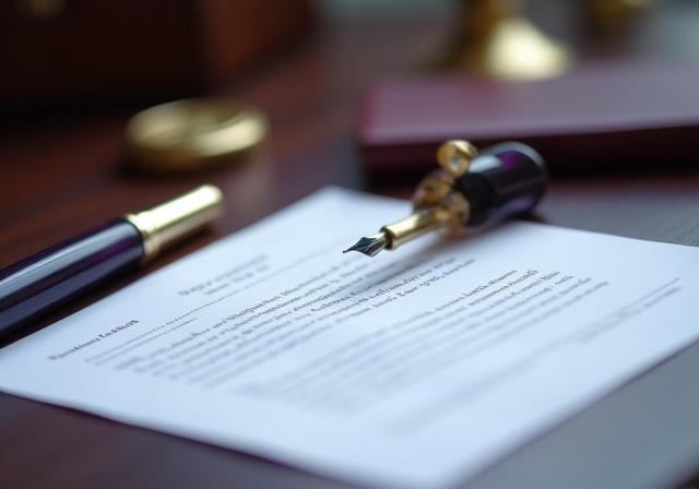 Close up of legal documents and a fountain pen on a mahogany desk